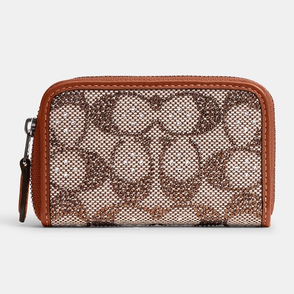 Coach Small Zip Around Card Case in Crystal Signature Jacquard & Leather NWT - Picture 1 of 11